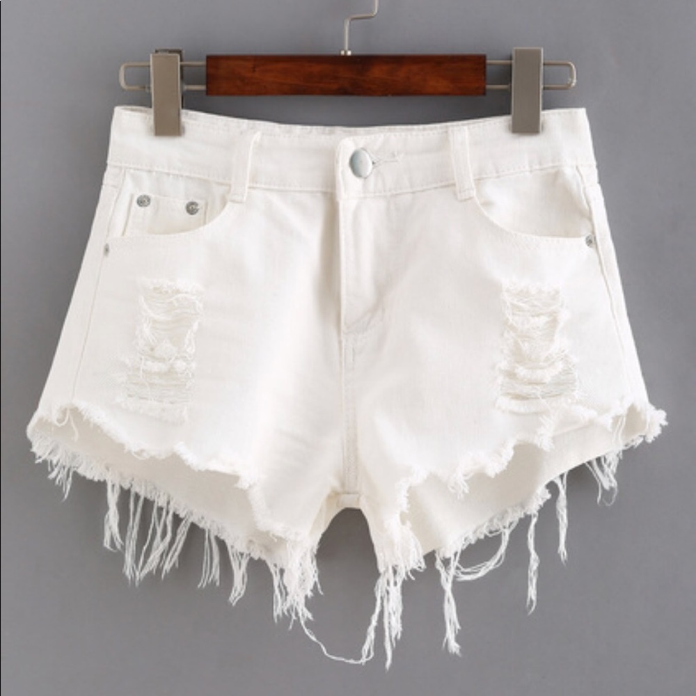 Ripped Raw Hem White Denim Shorts